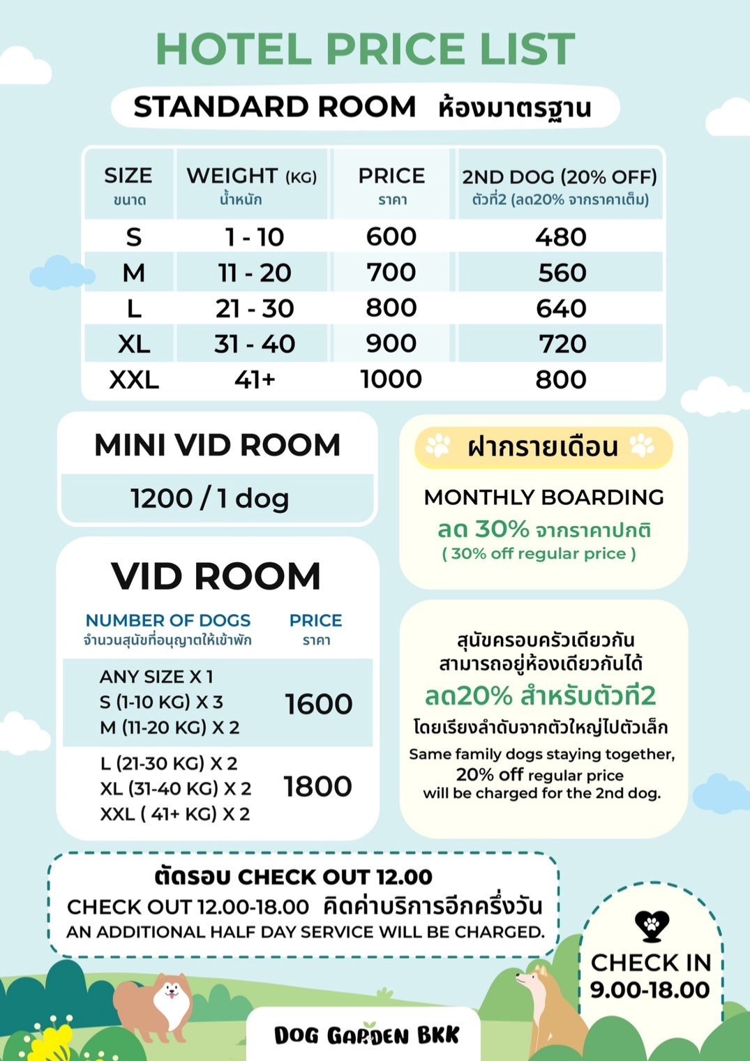 HOTEL PRICE LIST ราคาโรงแรมสนุข